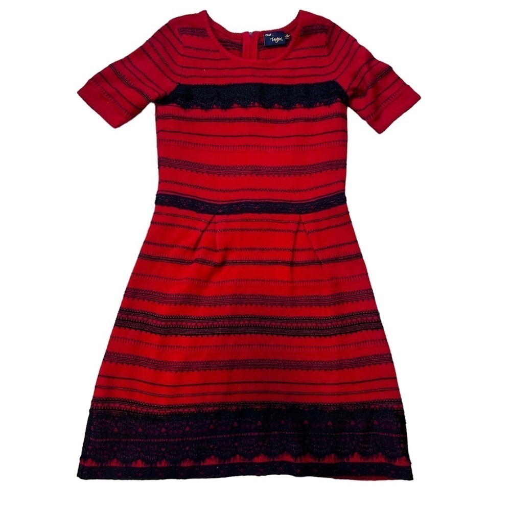 Just Taylor Red Striped A-Line Knit Dress M Lace Detail Scoop Neck Short Sleeve
